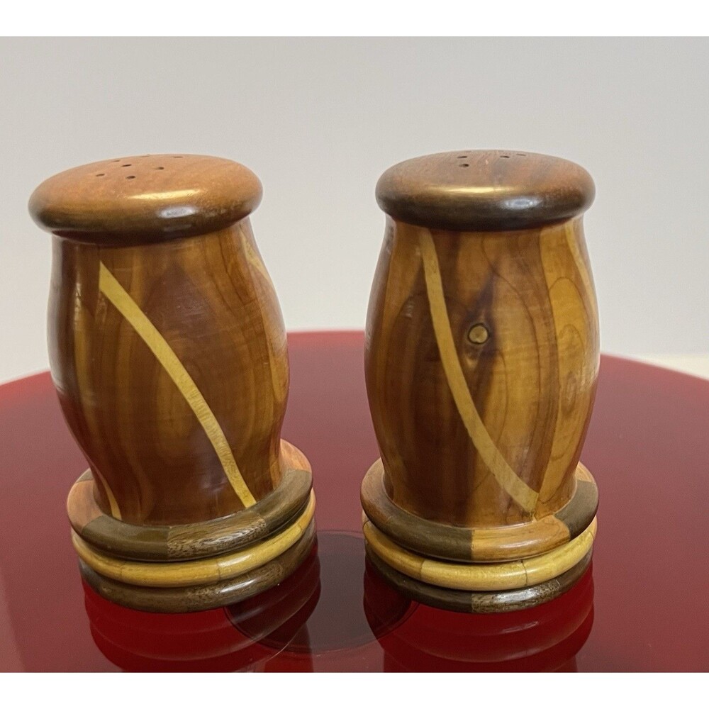 Handmade Segmented Turned Wood Salt & Pepper Shakers VTG EUC